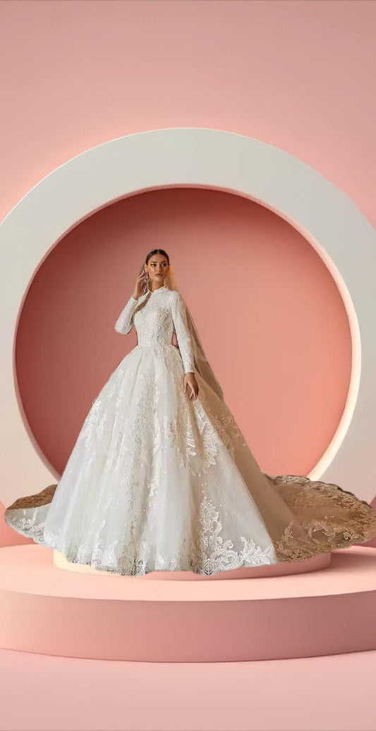 Elegant high neck muslim bridal gown