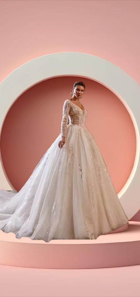 Elegant long train beaded bridal gown