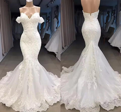 Off Shoulder Floral Lace Mermaid Wedding Dress by Mura Boutique