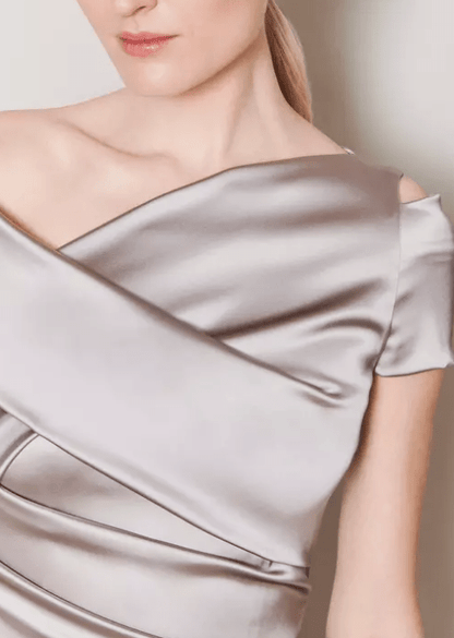 Asymmetric Satin Back Slit Evening Gown - Mura Boutique