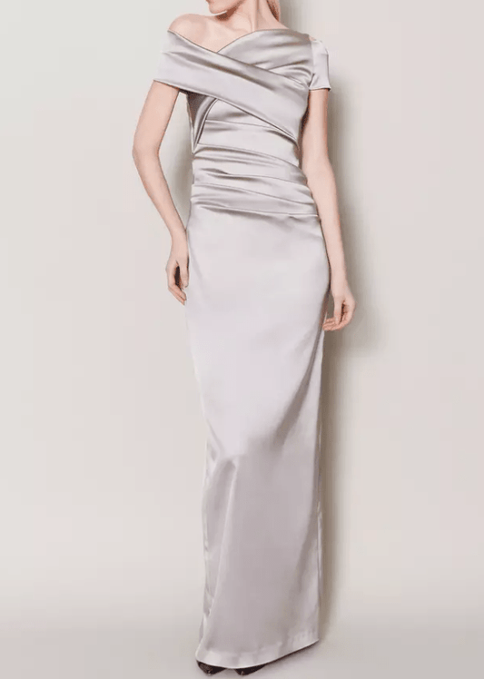 Asymmetric Satin Back Slit Evening Gown - Mura Boutique
