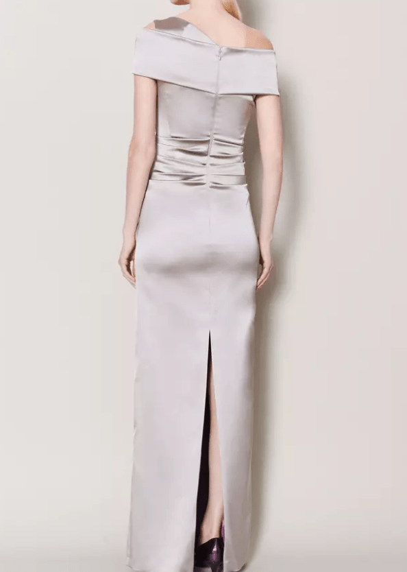 Asymmetric Satin Back Slit Evening Gown - Mura Boutique