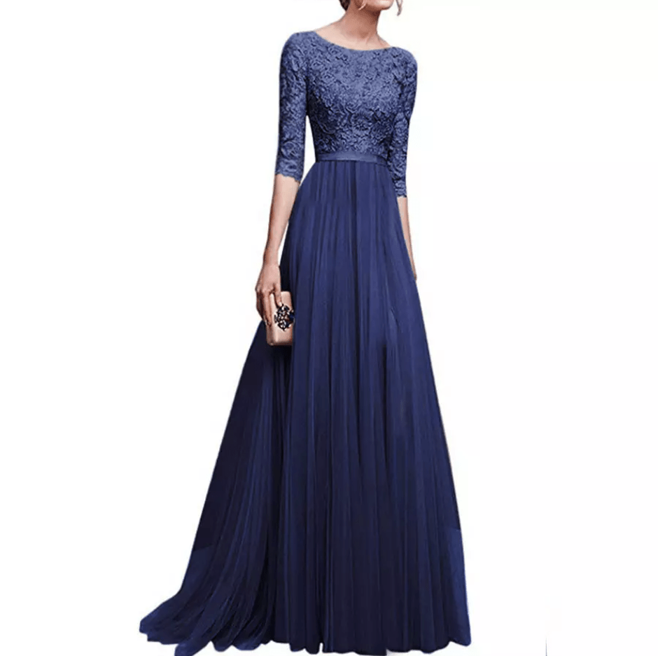 Bateau Three - Fourths Sleeve Lace Mesh Evening Gown - Mura Boutique