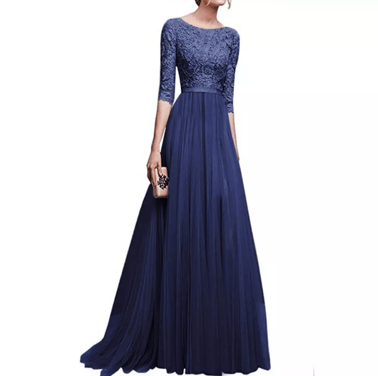 Bateau Three - Fourths Sleeve Lace Mesh Evening Gown - Mura Boutique