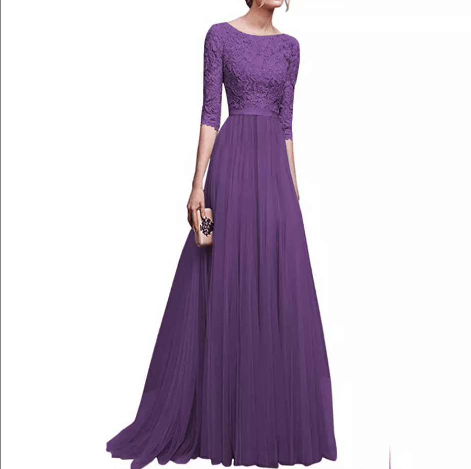 Bateau Three - Fourths Sleeve Lace Mesh Evening Gown - Mura Boutique
