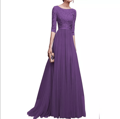 Bateau Three - Fourths Sleeve Lace Mesh Evening Gown - Mura Boutique