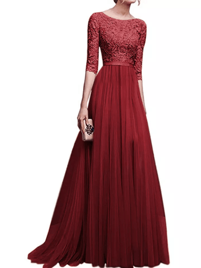 Bateau Three - Fourths Sleeve Lace Mesh Evening Gown - Mura Boutique