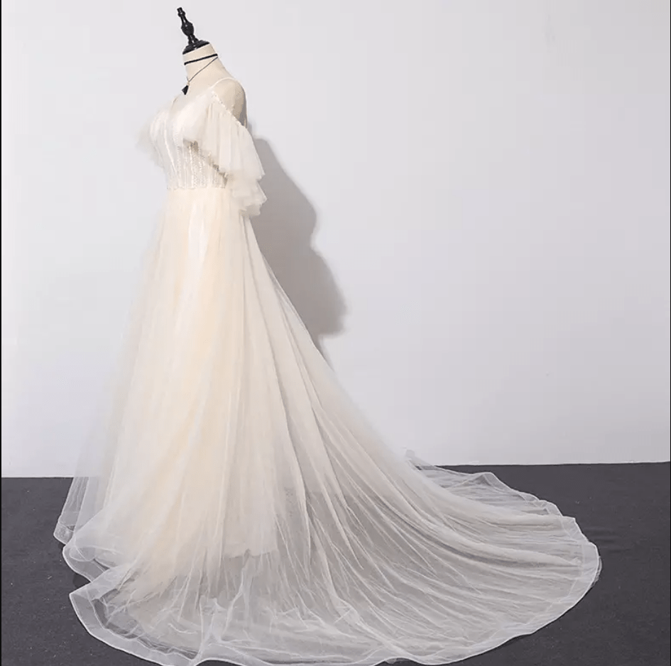 Champagne Sheer Cathedral Train Wedding Dress - Mura Boutique