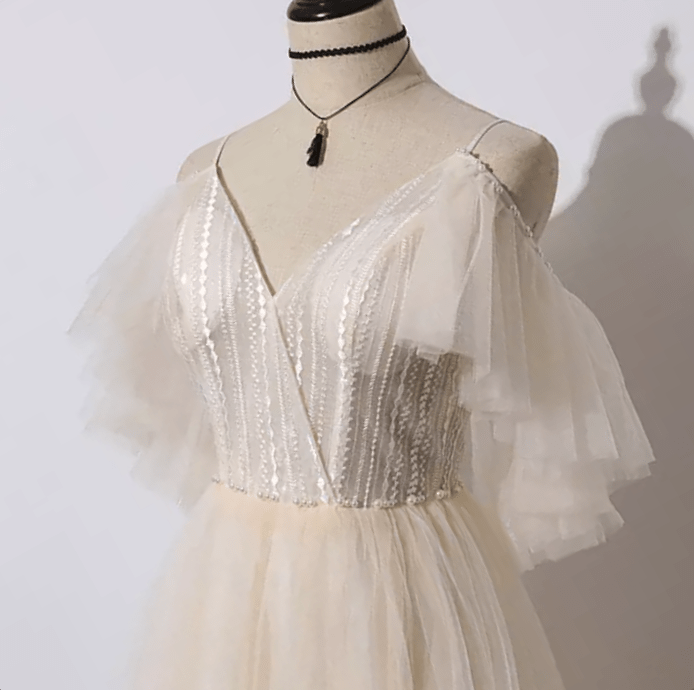 Champagne Sheer Cathedral Train Wedding Dress - Mura Boutique