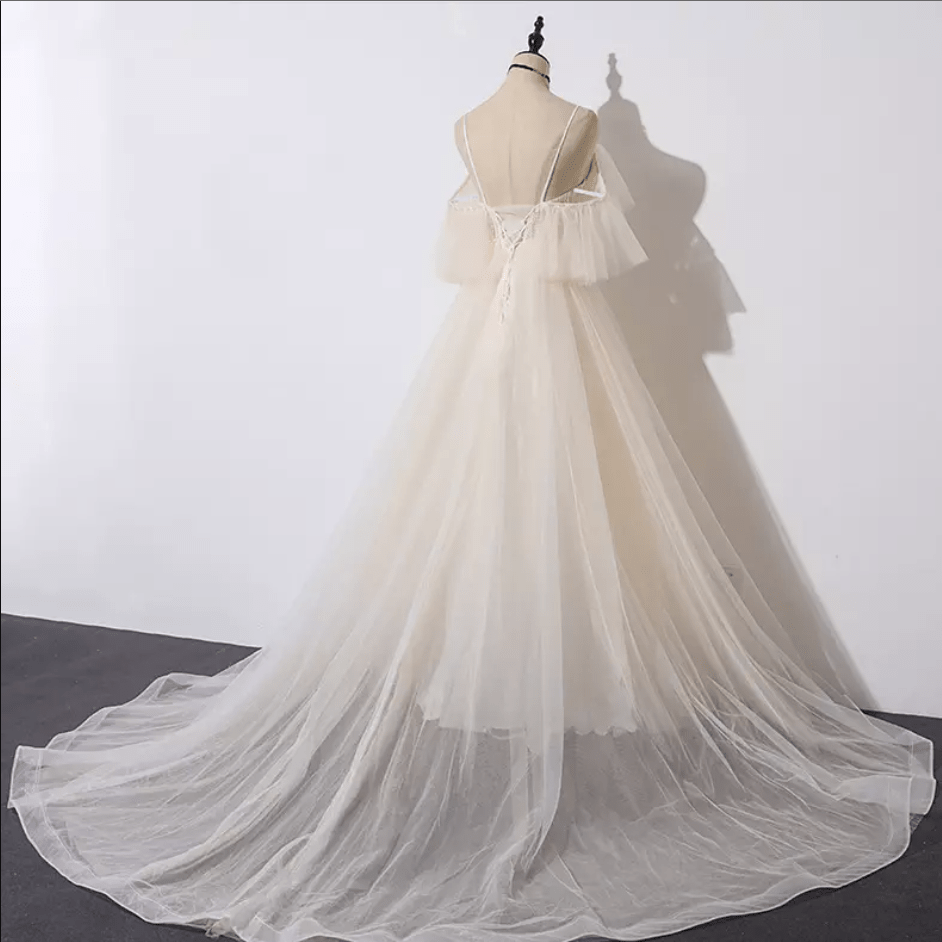 Champagne Sheer Cathedral Train Wedding Dress - Mura Boutique