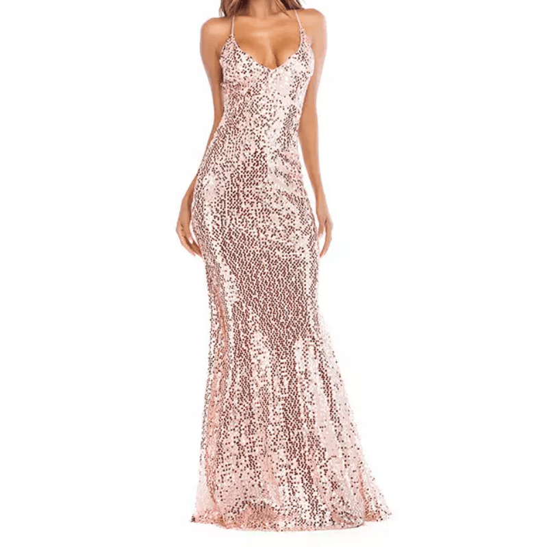 Deep V - Neck Bodycon Sequin Evening Gown - Mura Boutique