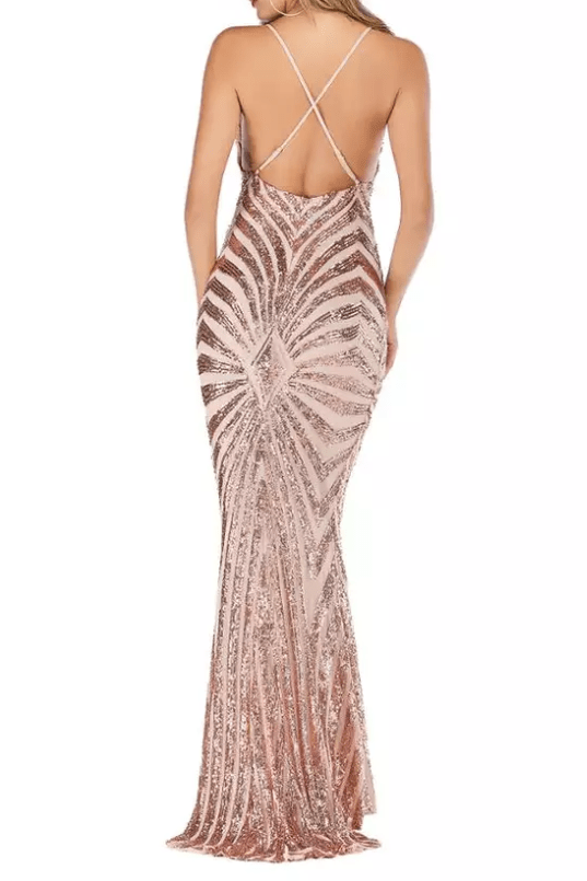Deep V - Neck Bodycon Sequin Pattern Evening Gown - Mura Boutique