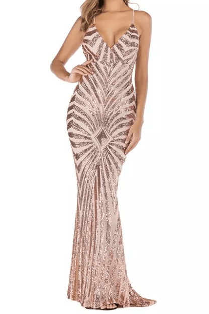Deep V - Neck Bodycon Sequin Pattern Evening Gown - Mura Boutique