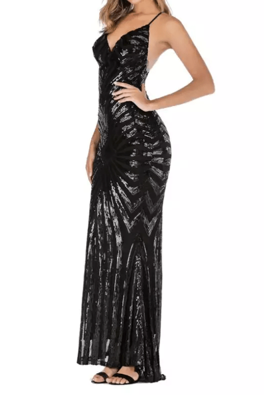 Deep V - Neck Bodycon Sequin Pattern Evening Gown - Mura Boutique