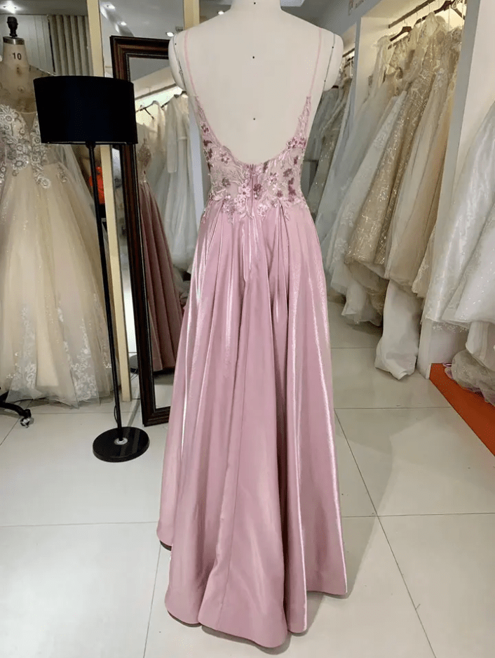Deep V Neck Flower Detail Sequin Evening Gown - Mura Boutique