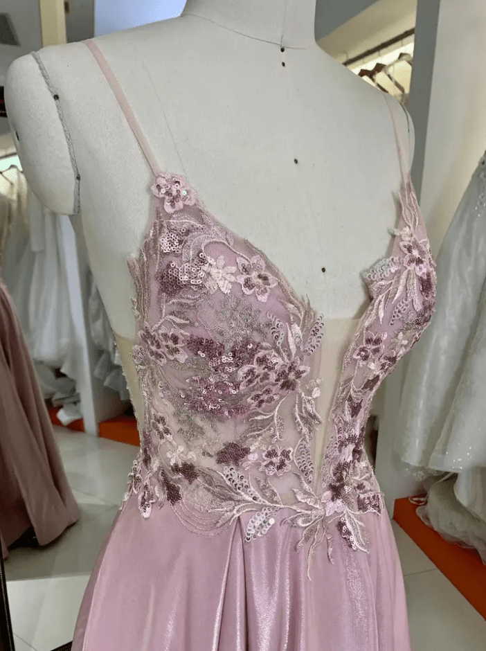 Deep V Neck Flower Detail Sequin Evening Gown - Mura Boutique