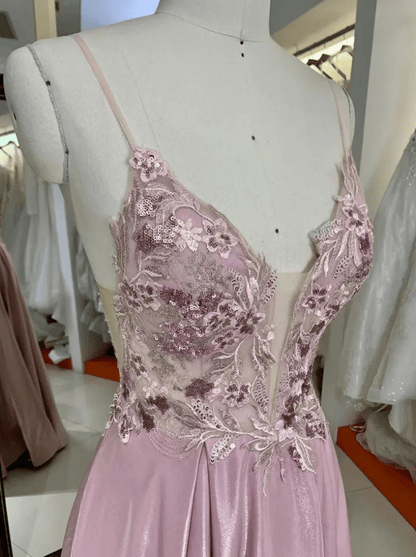 Deep V Neck Flower Detail Sequin Evening Gown - Mura Boutique