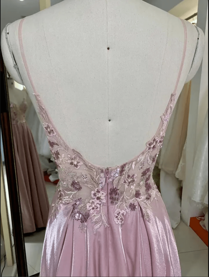 Deep V Neck Flower Detail Sequin Evening Gown - Mura Boutique