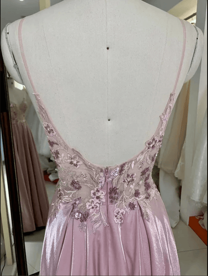 Deep V Neck Flower Detail Sequin Evening Gown - Mura Boutique