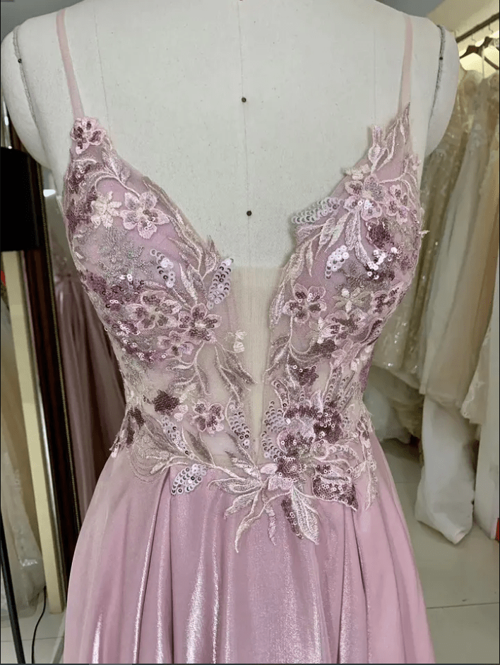 Deep V Neck Flower Detail Sequin Evening Gown - Mura Boutique