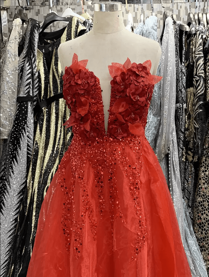 Deep V - Neck Flower Detail Slit Ball Evening Gown - Mura Boutique