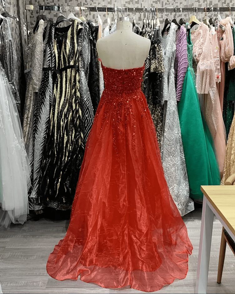 Deep V - Neck Flower Detail Slit Ball Evening Gown - Mura Boutique