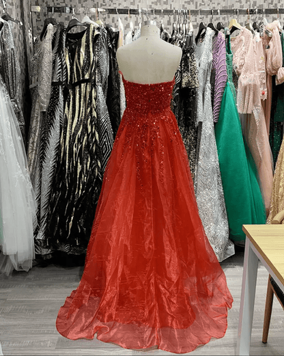 Deep V - Neck Flower Detail Slit Ball Evening Gown - Mura Boutique