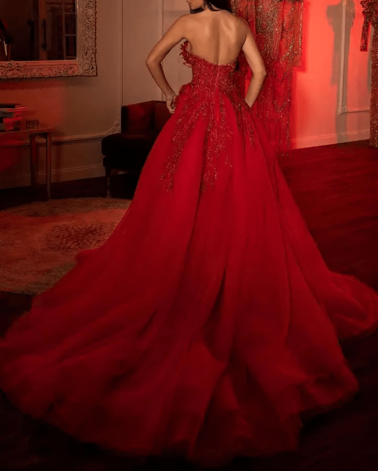 Deep V - Neck Flower Detail Slit Ball Evening Gown - Mura Boutique
