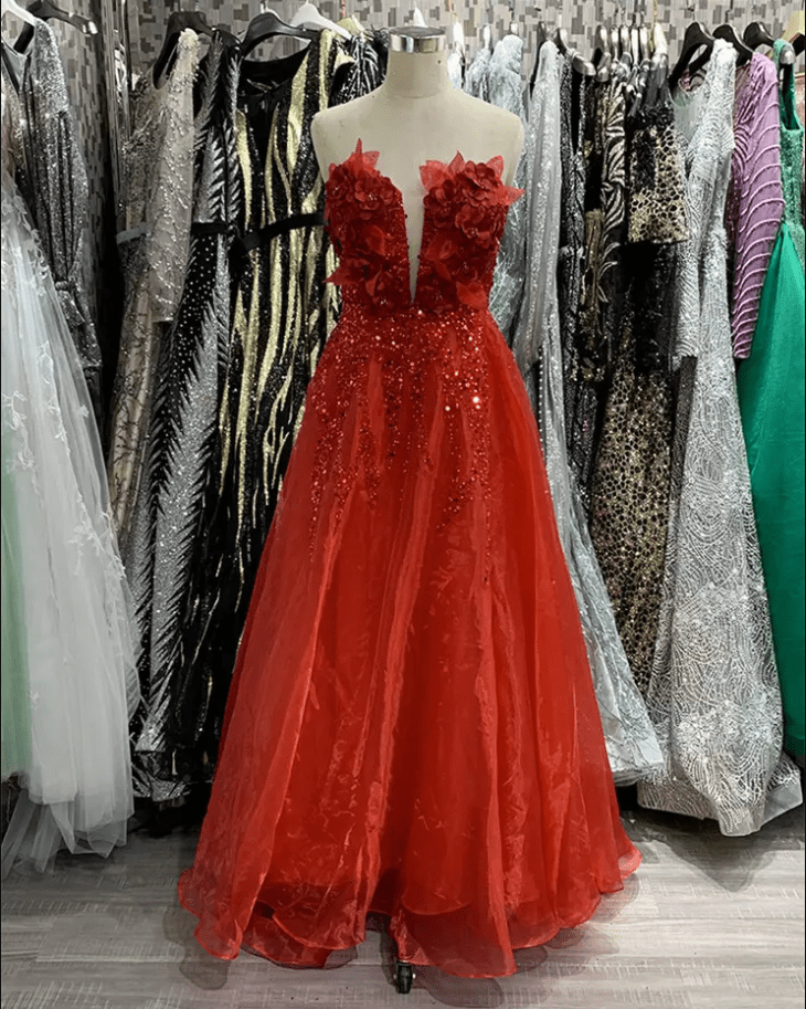 Deep V - Neck Flower Detail Slit Ball Evening Gown - Mura Boutique