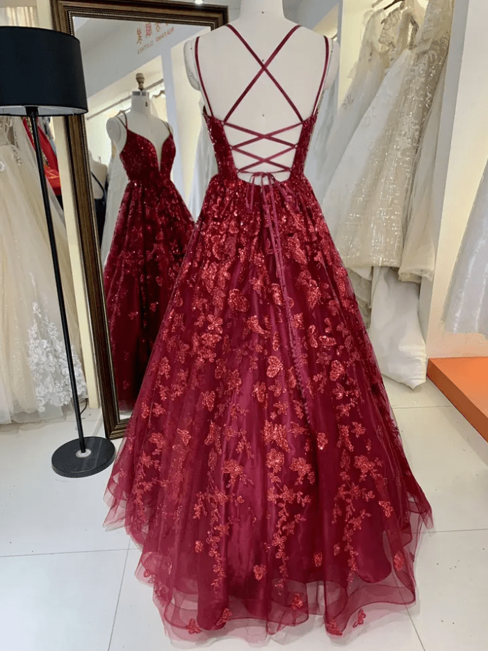 Deep V Neck Glitter A Line Butterfly Embroidery Detail Evening Gown - Mura Boutique