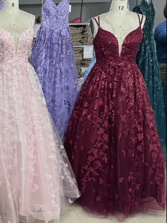 Deep V Neck Glitter A Line Butterfly Embroidery Detail Evening Gown - Mura Boutique