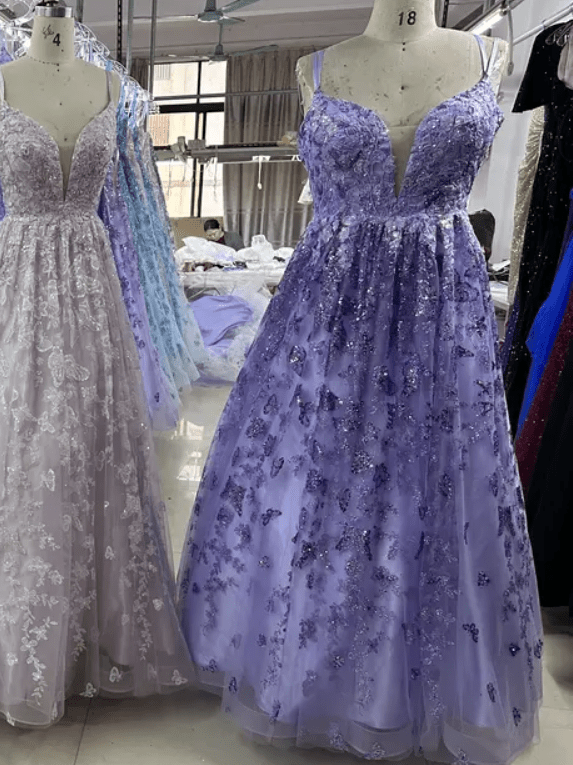 Deep V Neck Glitter A Line Butterfly Embroidery Detail Evening Gown - Mura Boutique