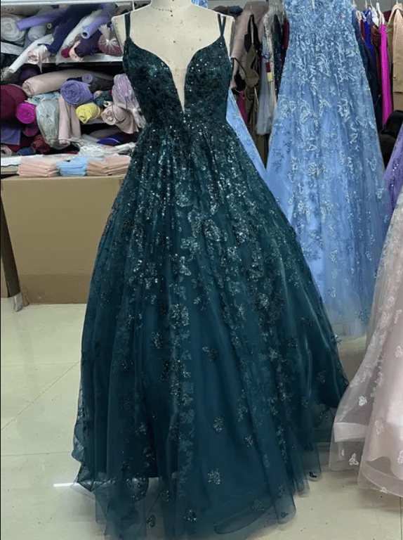 Deep V Neck Glitter A Line Butterfly Embroidery Detail Evening Gown - Mura Boutique