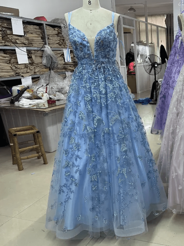 Deep V Neck Glitter A Line Butterfly Embroidery Detail Evening Gown - Mura Boutique