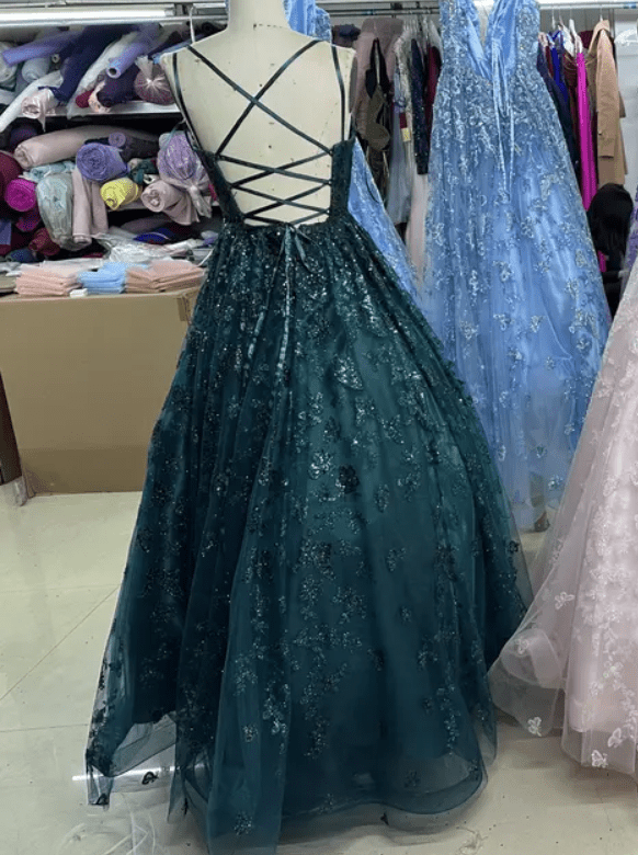 Deep V Neck Glitter A Line Butterfly Embroidery Detail Evening Gown - Mura Boutique