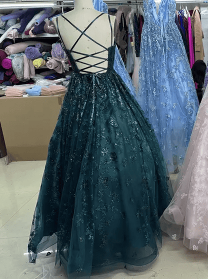 Deep V Neck Glitter A Line Butterfly Embroidery Detail Evening Gown - Mura Boutique