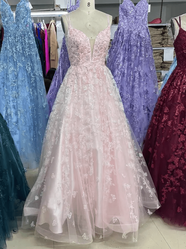 Deep V Neck Glitter A Line Butterfly Embroidery Detail Evening Gown - Mura Boutique