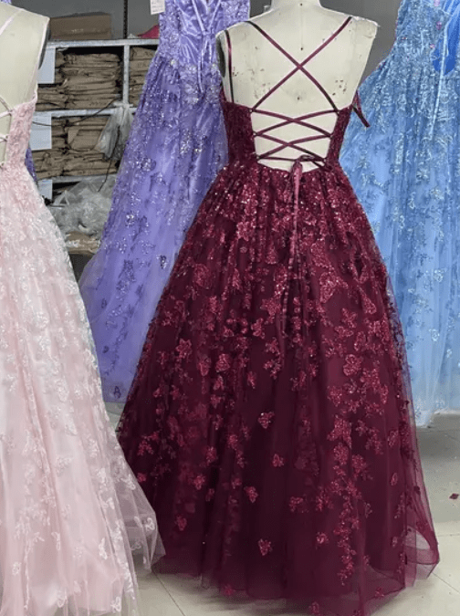 Deep V Neck Glitter A Line Butterfly Embroidery Detail Evening Gown - Mura Boutique