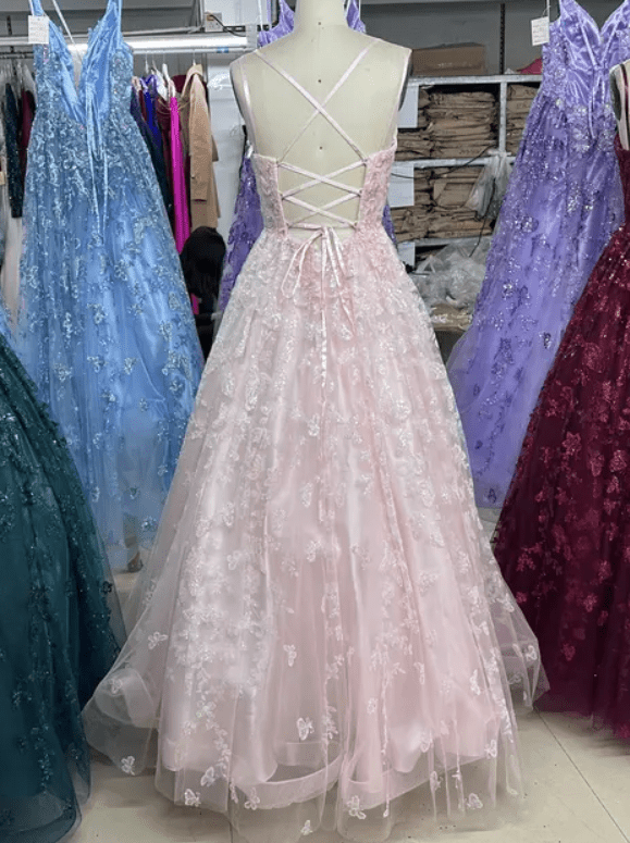Deep V Neck Glitter A Line Butterfly Embroidery Detail Evening Gown - Mura Boutique