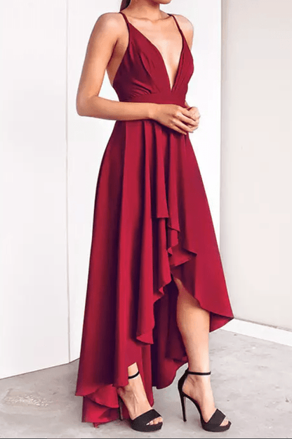Deep V - Neck High - Low Evening Gown - Mura Boutique