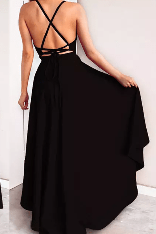 Deep V - Neck High - Low Evening Gown - Mura Boutique