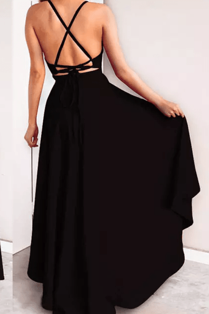 Deep V - Neck High - Low Evening Gown - Mura Boutique