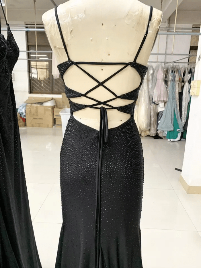 Deep V Neck Satin Beaded Black Rhinestone Evening Gown - Mura Boutique
