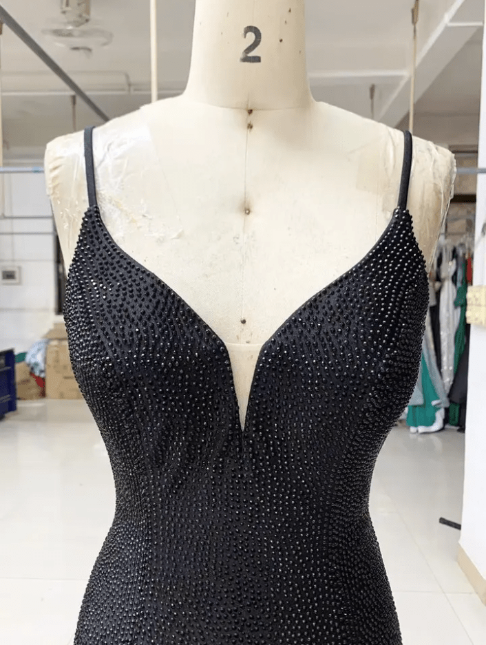Deep V Neck Satin Beaded Black Rhinestone Evening Gown - Mura Boutique