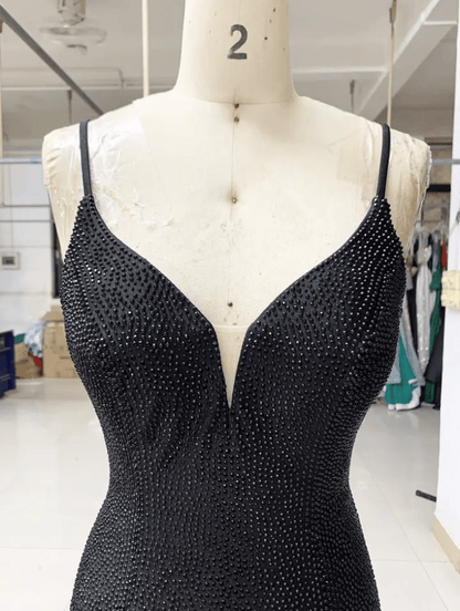 Deep V Neck Satin Beaded Black Rhinestone Evening Gown - Mura Boutique