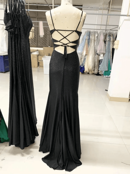 Deep V Neck Satin Beaded Black Rhinestone Evening Gown - Mura Boutique