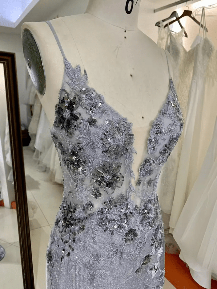 Deep V Neck Slit Flower Detail Sequin Evening Gown - Mura Boutique