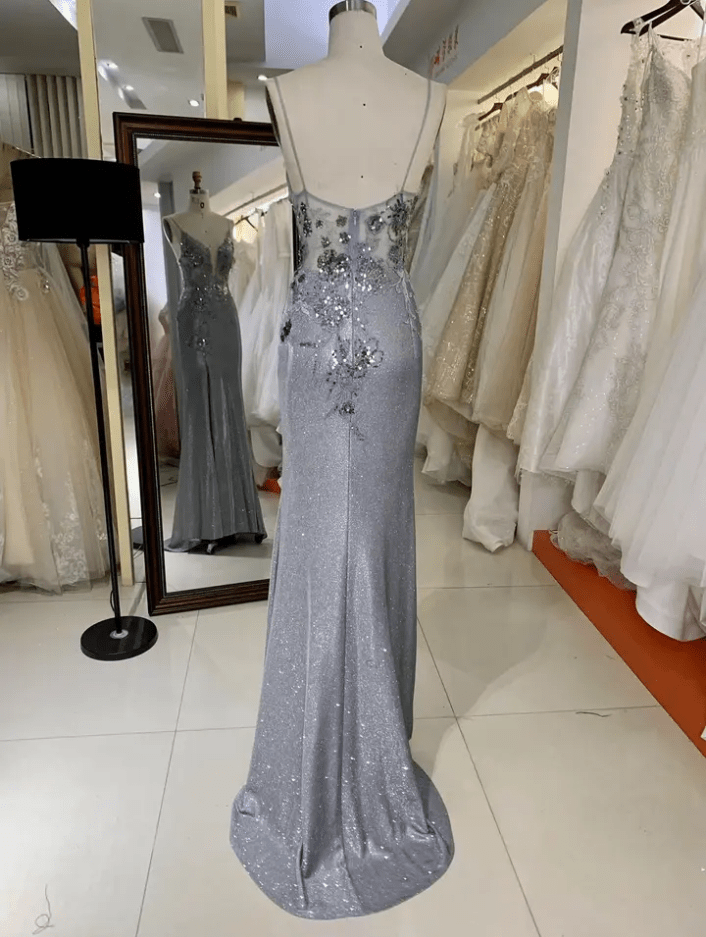Deep V Neck Slit Flower Detail Sequin Evening Gown - Mura Boutique