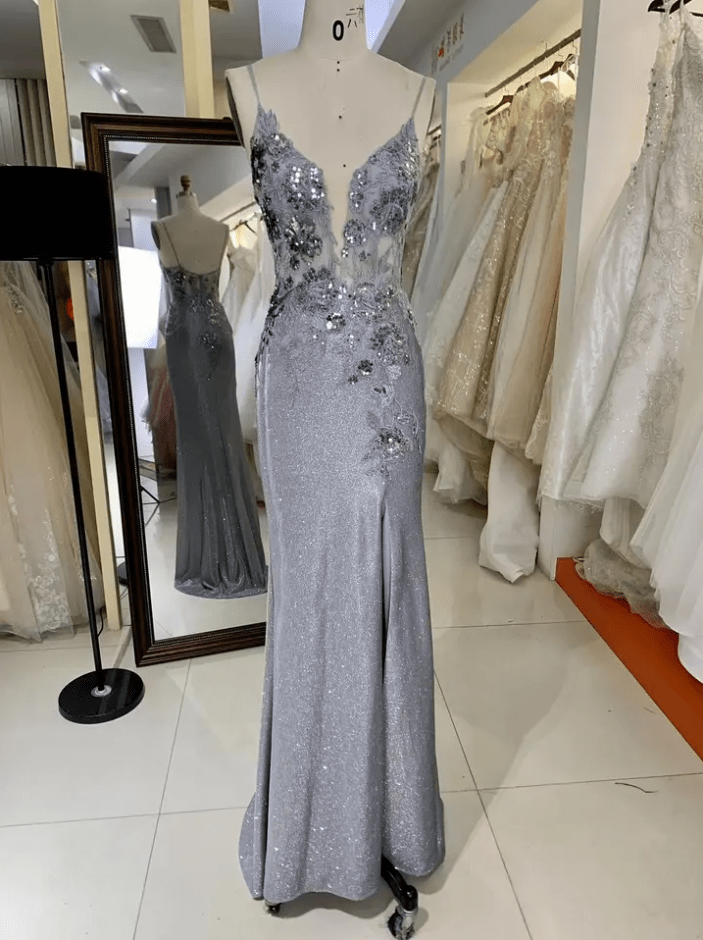 Deep V Neck Slit Flower Detail Sequin Evening Gown - Mura Boutique