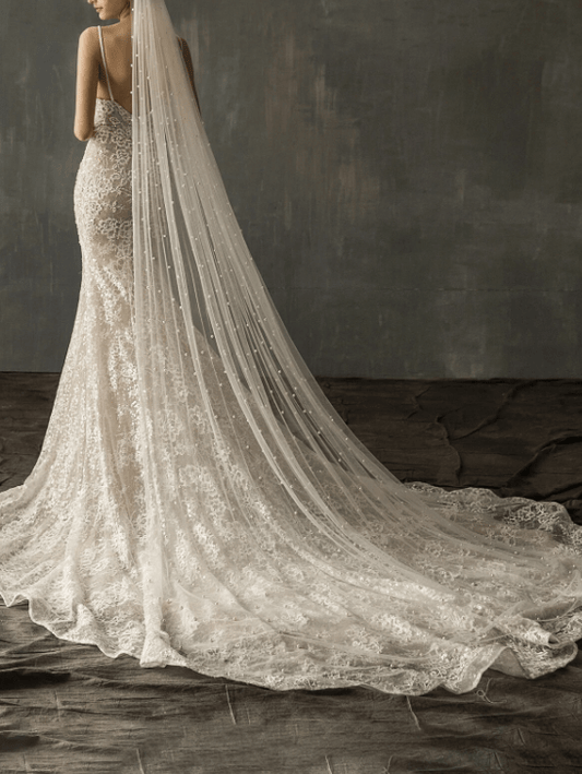 Faux Pearl Decor Long Bridal Veil - Mura Boutique